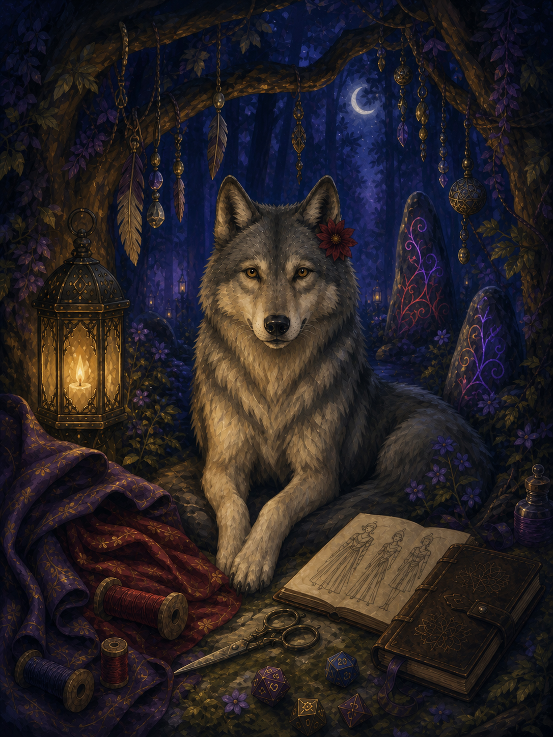 Portrait illustré de Myrrha, une louve grise dans son refuge de création nocturne