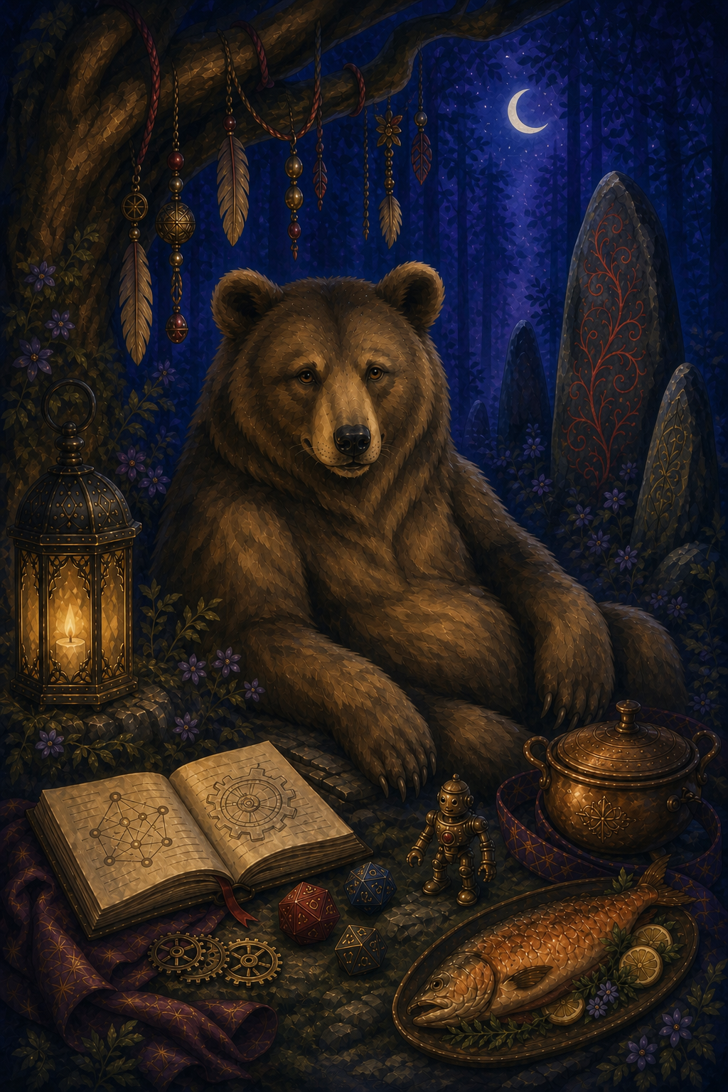 Portrait illustré de Tezca, un ours brun dans son refuge technique et chaleureux